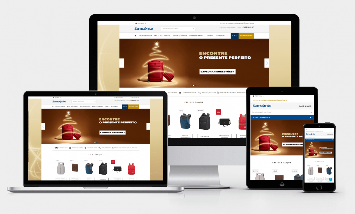 website da samsonite em diferentes dispositivos